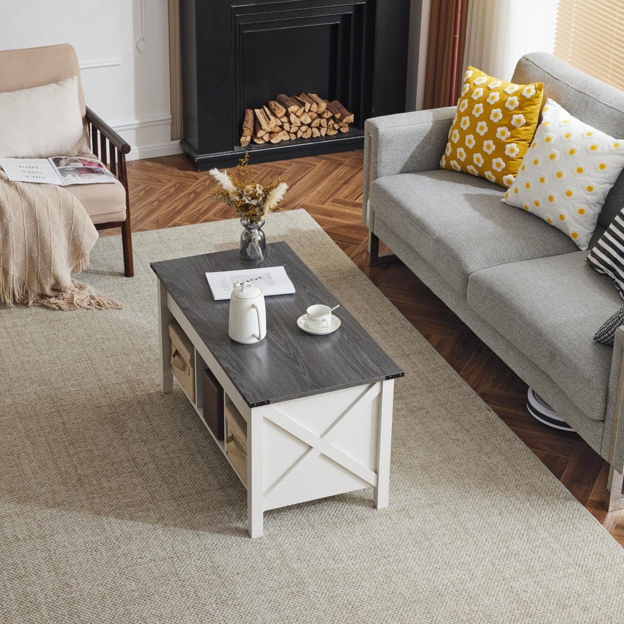 VINGLI Lift Top Coffee Table, Charcoal Top with White Frame, Farmhouse Cross-Sided Design, with Storage Shelf/Hidden Compartment, Gas Lift Mesa De Centro para Sala Pop Up Coffee Table VINGLI