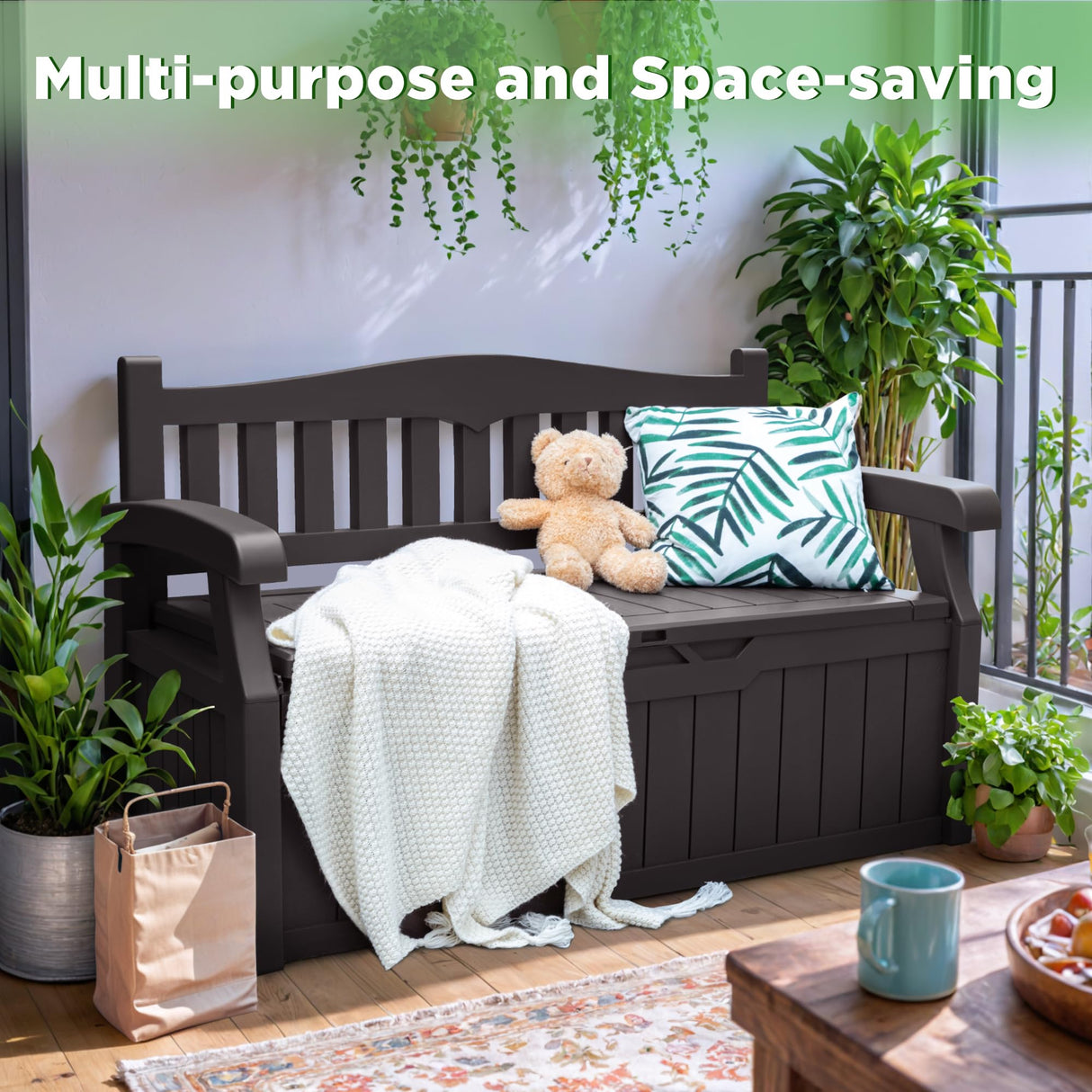 Greesum 70 Gallon Outdoor Storage Deck Box with Armrest Bench Lockable, Waterproof and UV Resistant, Suitable for Garden, Pool, Patio, Brown Greesum