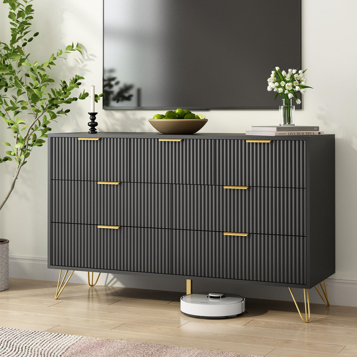 BAZELOR Black Dresser for Bedroom, 7 Drawers Dresser with Golden Handles, Modern Wood Chest for Living Room, Hallway, Entryway BAZELOR