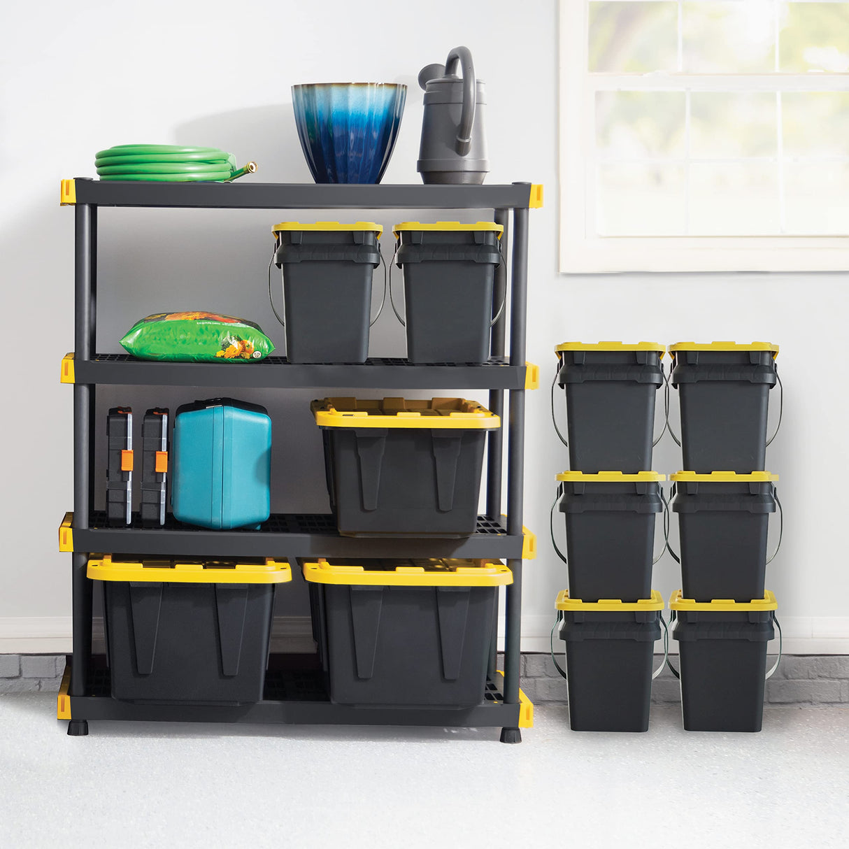 CX Black & Yellow®, Shelving Unit and Heavy Duty Storage Containers, Extremely Durable® (Shelf + 27 Gallon Container (8-Pack) CX