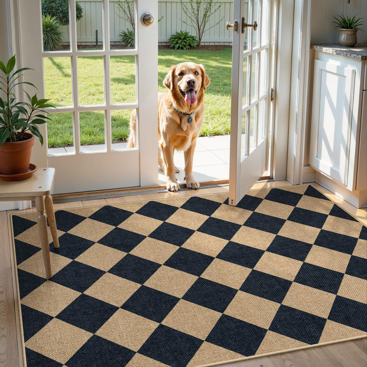 Lahome Checkered Easy Jute 3x5 Outdoor Patio Rug, Washable Rugs for Entryway Diamond Indoor Outdoor Living Room Carpet, Farmhouse Neutral Non Slip Black Door Carpet for Backyard Bedroom Lahome