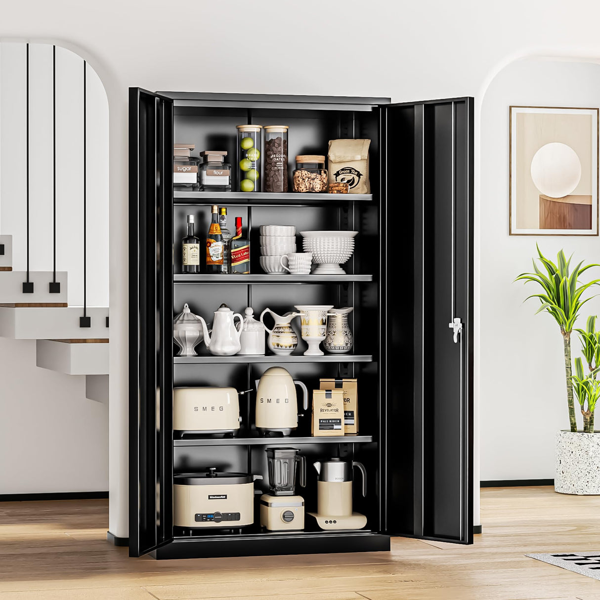 INTERGREAT Metal Storage Cabinets 72” Black Garage Steel Storage Cabinet with Doors and Shelves, Metal Tool Cabinet, Steel File Cabinet for Home Office, Basement, Warehouse, Classroom(Anti Tipping) INTERGREAT