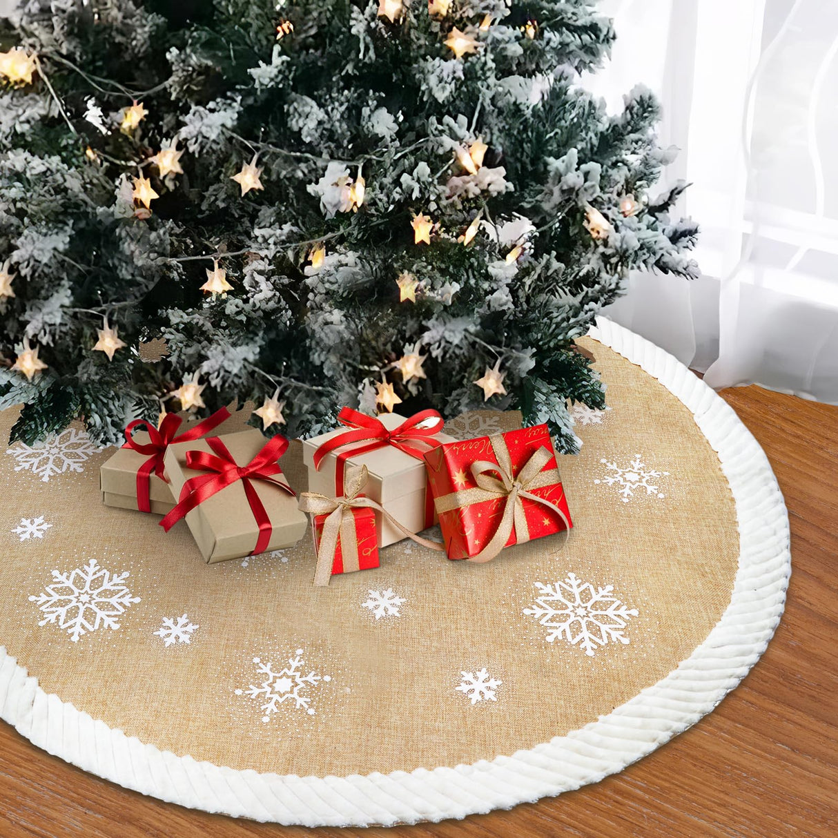 AerWo 48inch Christmas Tree Skirt with White Snowflake, Burlap Tree Skirt with Fur Sides Farmhouse Christmas Tree Skirts for Xmas Decor Festive Holiday Decorations Indoor Outdoor AerWo