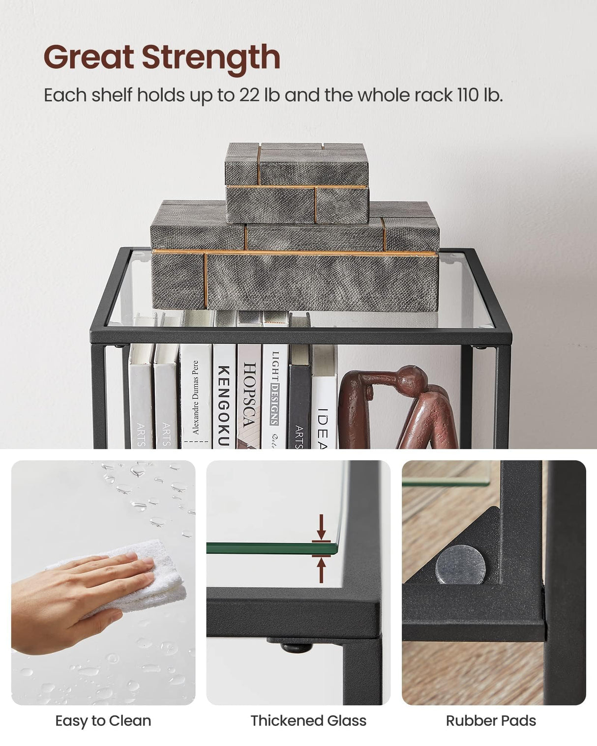 VASAGLE Bookcase, 5-Tier Bookshelf, Slim Shelving Unit for Bedroom, Bathroom, Home Office, Tempered Glass, Steel Frame, Ink Black ULGT029B61 VASAGLE