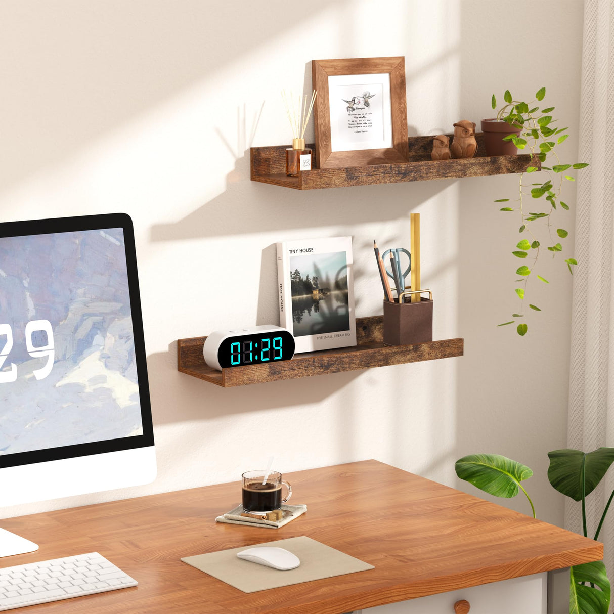 upsimples Floating Shelves for Wall, Wood Mounted Shelf Decor Storage Set of 6, for Bedroom, Living Room, Bathroom, Kitchen, Picture Ledge, Brown upsimples