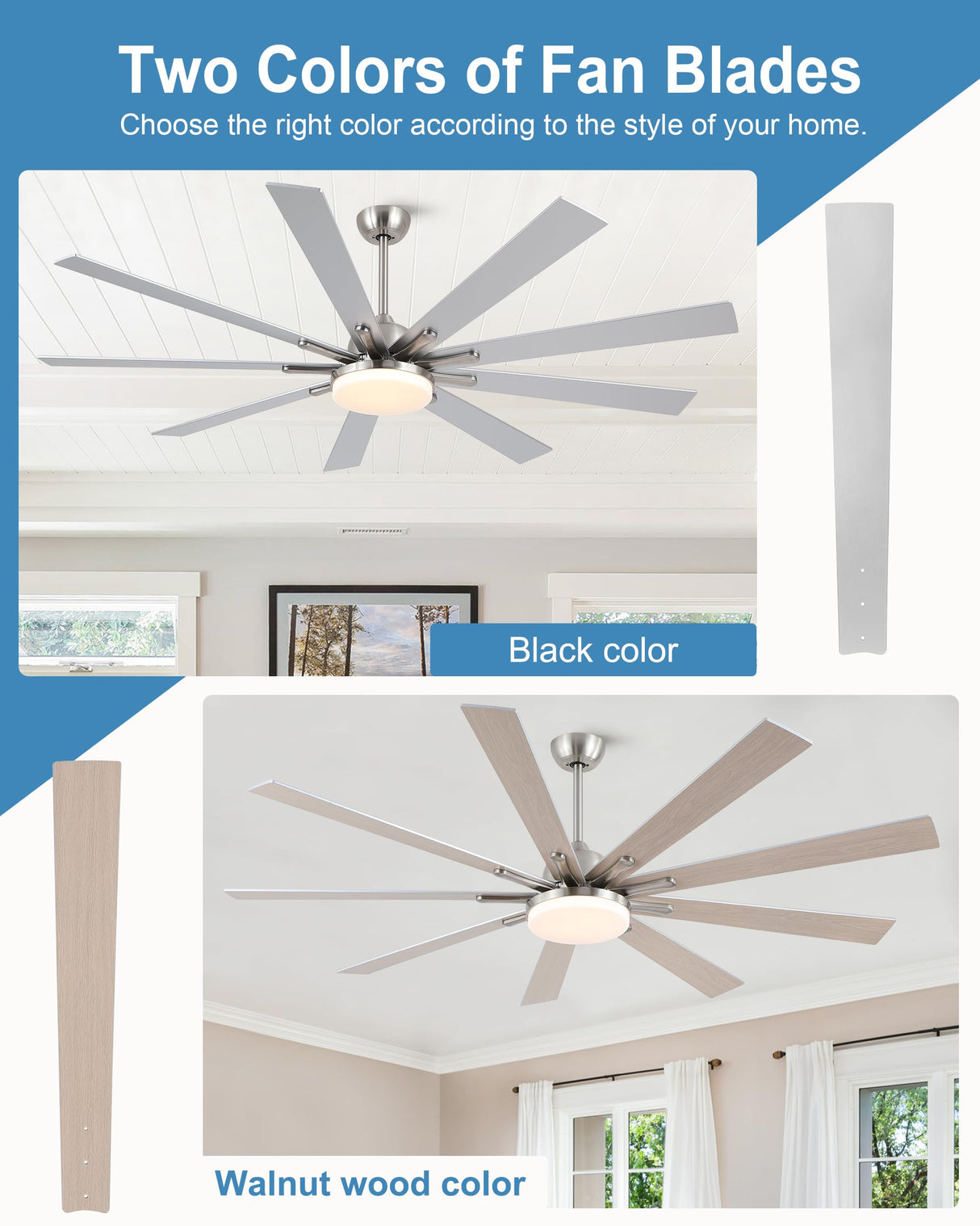 POCHFAN 72 inch Ceiling Fans with Lights and Remote, Large Ceiling fan with 9 Wooden Blades for Kitchen Living Room Indoor or outdoor Patio,Quiet 3 CCT,6 Speed, Brushed Nickel POCHFAN