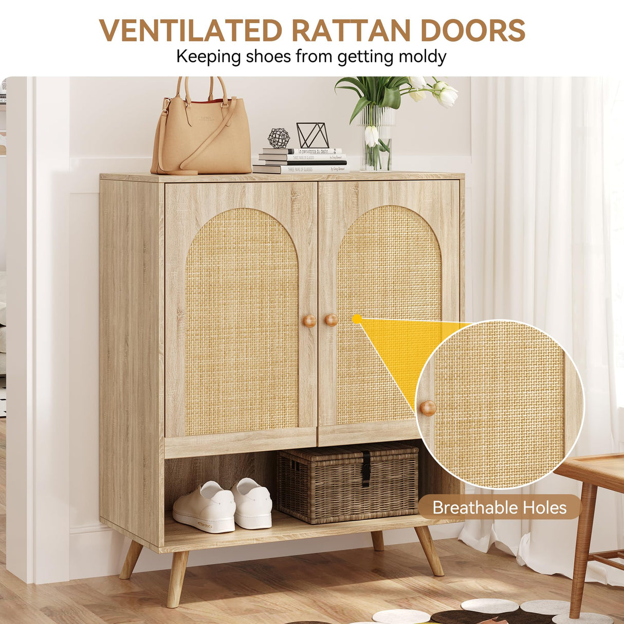 Rattan Shoe Cabinet, 4-Tier Shoe Storage Organizer Cabinet with Adjustable Shelf for Entryway, Freestanding Shoe Rack for Living Room, Entryway, Dining Room, Kitchen IDEALHOUSE