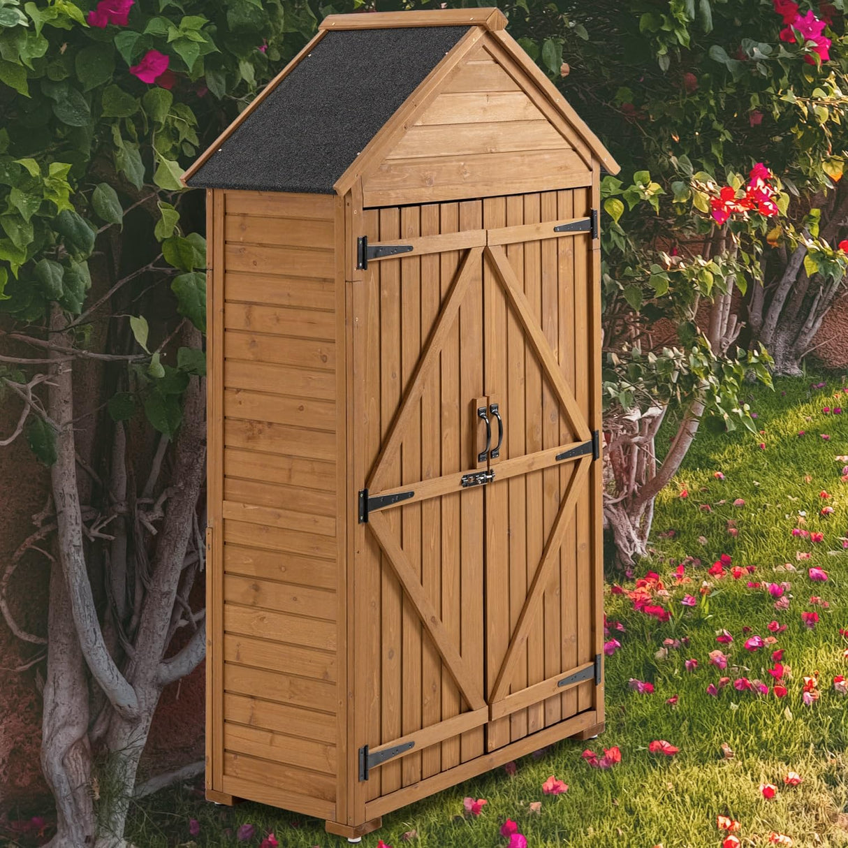 Outdoor Wooden Storage Cabinet, Garden Wood Tool Shed, Outside Wooden Shed Closet with 3 Detachable Shelves, Waterproof Roof, and Latch for Yard Patio Lawn Deck (Natural) (Natural) Mulinsonfly