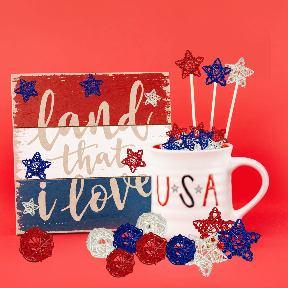 OZIO-US 24 Pcs 4th of July Star Rattan Balls Decoration, Red Blue White Stars for 4th of July Independence Day Home Decor DIY Vase Bowl Filler Ornament Table Decoration OZIO-US