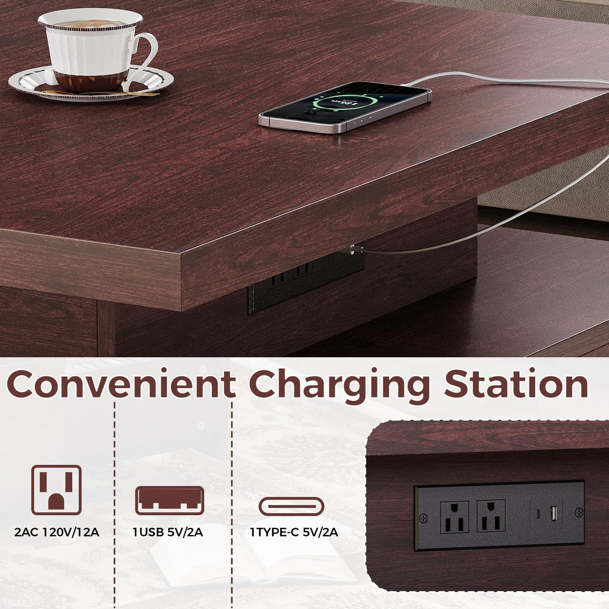 IRONCK Coffee Table with LED Light and Charging Station, 4 Storage Drawers with Grille Design, Square Coffee Table for Living Room Office Reception Room (Walnut) IRONCK