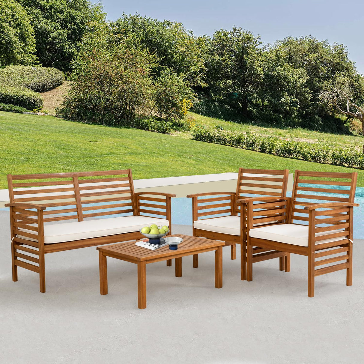 Outdoor Wood Sofa Set Patio Conversation Sets Acacia Patio Sofas Set with Thick and Soft Cushions Easy to Assemble Patio Furniture Set Natural Acacia Wood Compact and Sturdy Design Furniture Set PayLessHere