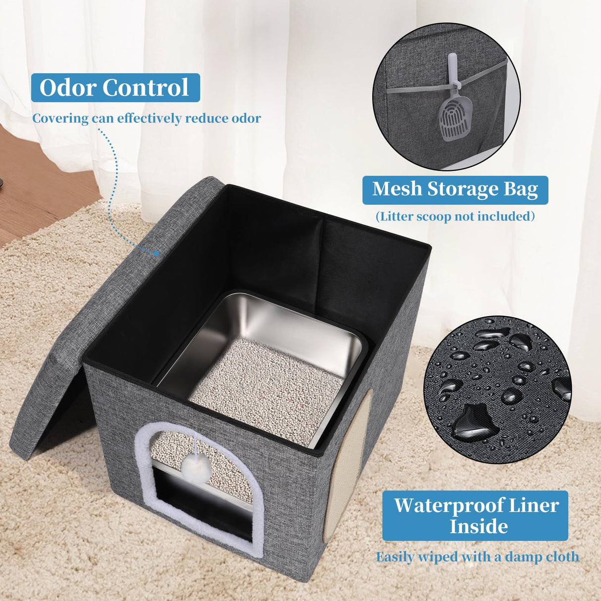 Cat Litter Box Enclosure Furniture, Foldable Hidden litter box with Mesh Storage Bag, Litter box furniture with Waterproof Inside, Easy Clean, Odor Control, Easy Assembly - 21.6”L x 17.7”D x 17.7”H Shikha