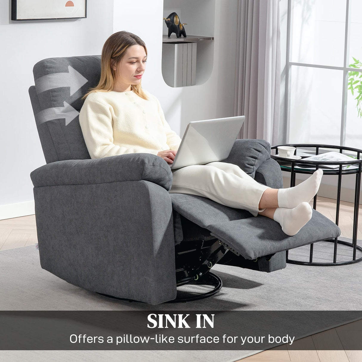 HOMCOM Swivel Rocker Recliner Chair, Wide Glider Rocking Single Sofa with Pocket Spring, Footrest, Modern Fabric Overstuffed Reclining Chair for Living Room, Bedroom, Quick Assembly, Gray HOMCOM