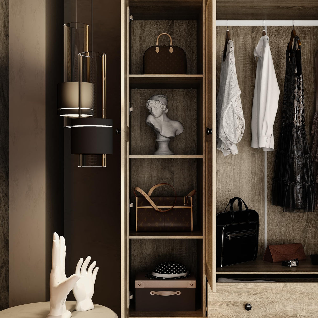 Hitow Ratten Wardrobe Cabinet Armoire Closet, 8 Door Rattan Closet Wardrobe Cabinet with 5 Drawers & Hanging Rod, Storage Wardrobe Armoire Dresser for Bedroom Organizer (18.8" D x 59" W x 70.8" H) Hitow