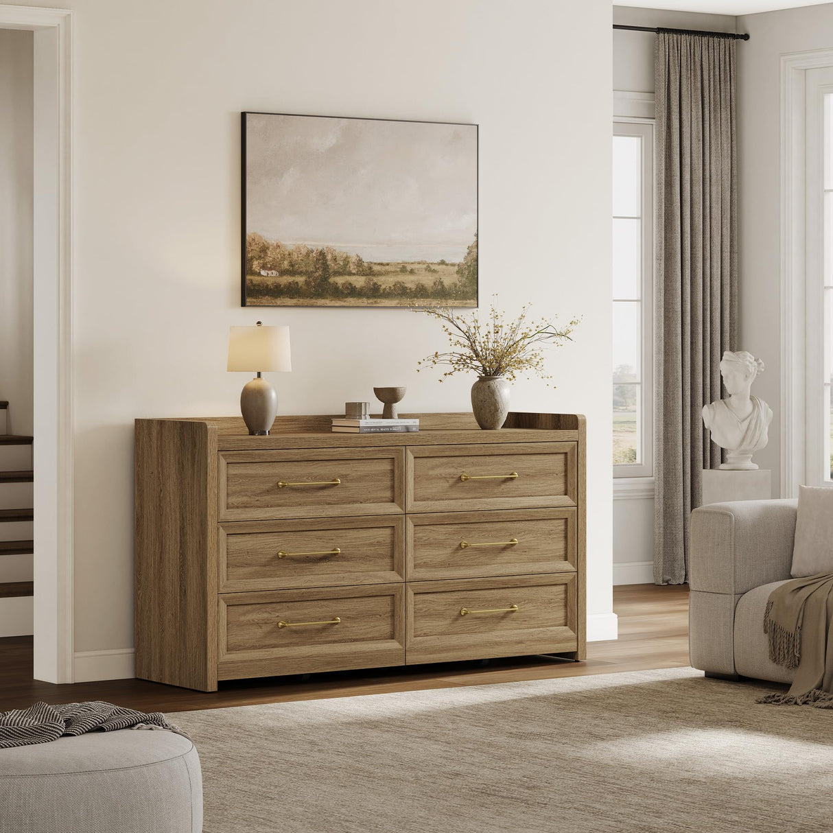 SICOTAS 6 Drawer Dresser for Bedroom-56.4" Extra-Wide Wooden Chest of Drawers with Large Storage, Long Dresser TV Stand with Drawers, Mid Century Modern Closet Dressers for Nursery, Brown Oak SICOTAS