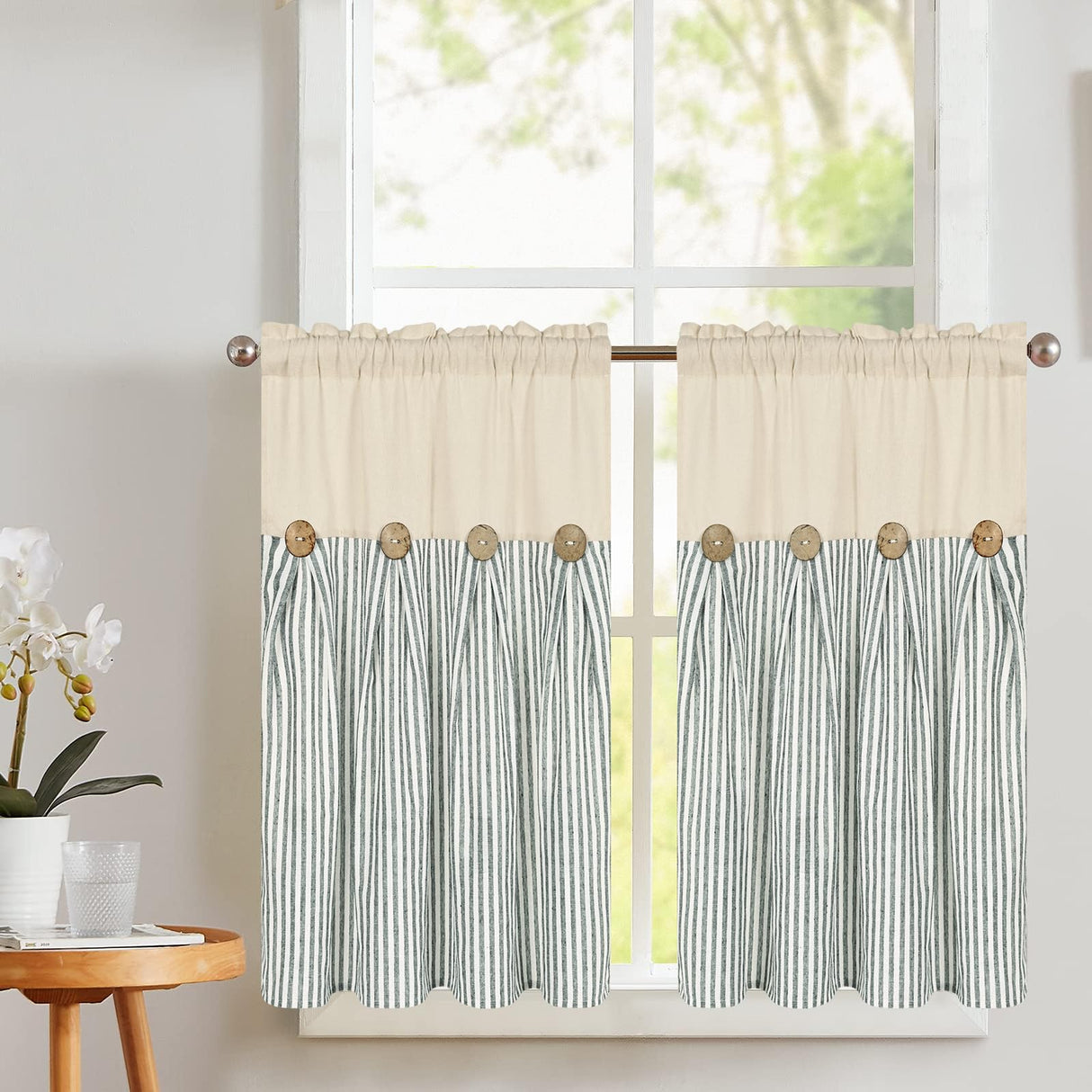 Cotton Linen Farmhouse Kitchen Curtains 36 Inch Boho Rustic Button Tier Curtains Natural/Sage Green Stripe Color Block Curtain Rod Pocket Small Window Curtain for Cafe Bathroom Bedroom Drapes BLEUM CADE
