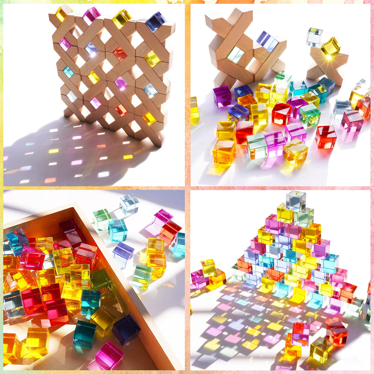 Agirlgle Wooden Rainbow Building Blocks Cube Gem Stacking Blocks Toy - Colorful Montessori Rainbow Stacker Toy Elegant Wood Rainbow Cube Blocks- Acrylic Blocks Educational Toys for Toddlers- 80Pcs Agirlgle
