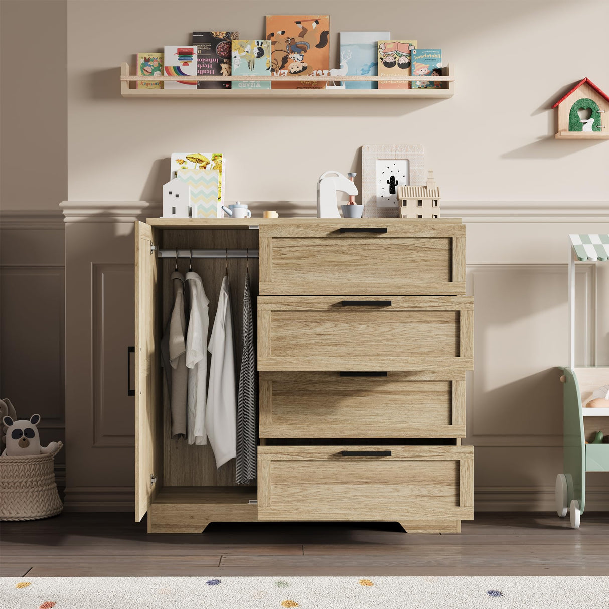 GarveeHome Wood Armoire Wardrobe Closet with 4 Drawers and Door, 43.3 in H Bedroom Wardrobe Cabinet with Hanging Rod, Clothing Storage Cabinets, 4 Drawers Dresser with Storage Closet, Natural Oak GarveeHome