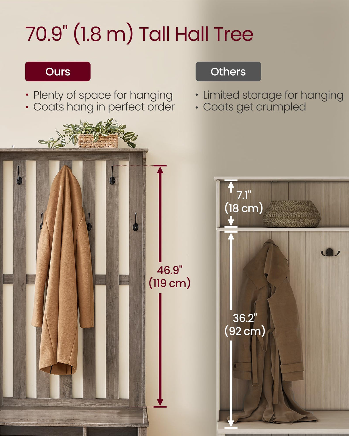 VASAGLE Hall Tree with Bench and Shoe Storage, Coat Rack with Shoe Bench, 7 Double Hooks for Jackets, Hats, Entryway, Bedroom, Living Room, 13.8 x 31.9 x 70.9 Inches, Heather Greige UHSR414G01 VASAGLE