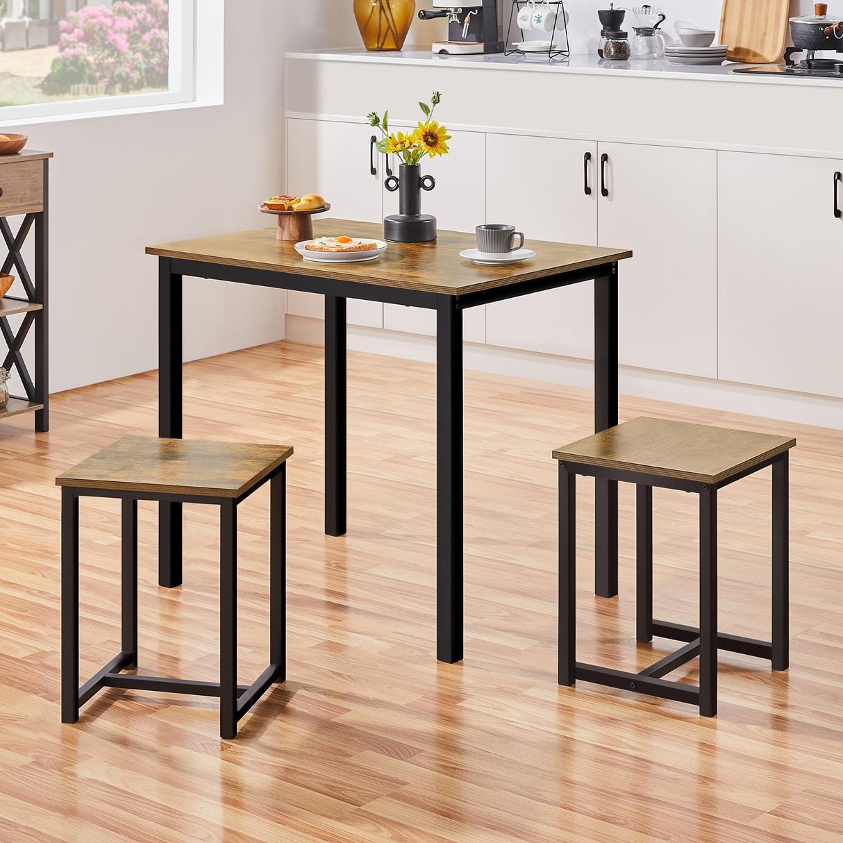 Yaheetech 3 Piece Dining Table Set - Kitchen Table & Chair Set - Breakfast Nook Table w/ 2 Stools, Space Saving Design for Dining Room Living Room Apartment, Rustic Brown Yaheetech