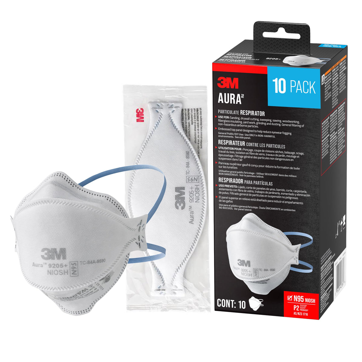 3M Aura Particulate Respirator 9205+ N95, Lightweight, Three Panel Designed Respirator Helps Provide Comfortable And Convenient Respiratory Protection, 10-Pack 3M