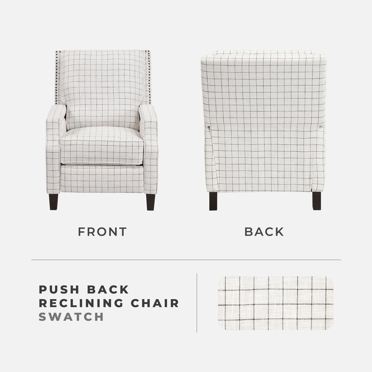 Lexicon Pushback Recliner Chair, Plaid Textured Fabric Armchair Push Back Reclining Chair, Nailhead Trim, Solid Wood Legs, Easy Assembly for Living Room/Office/Apartment, Off-White Lexicon