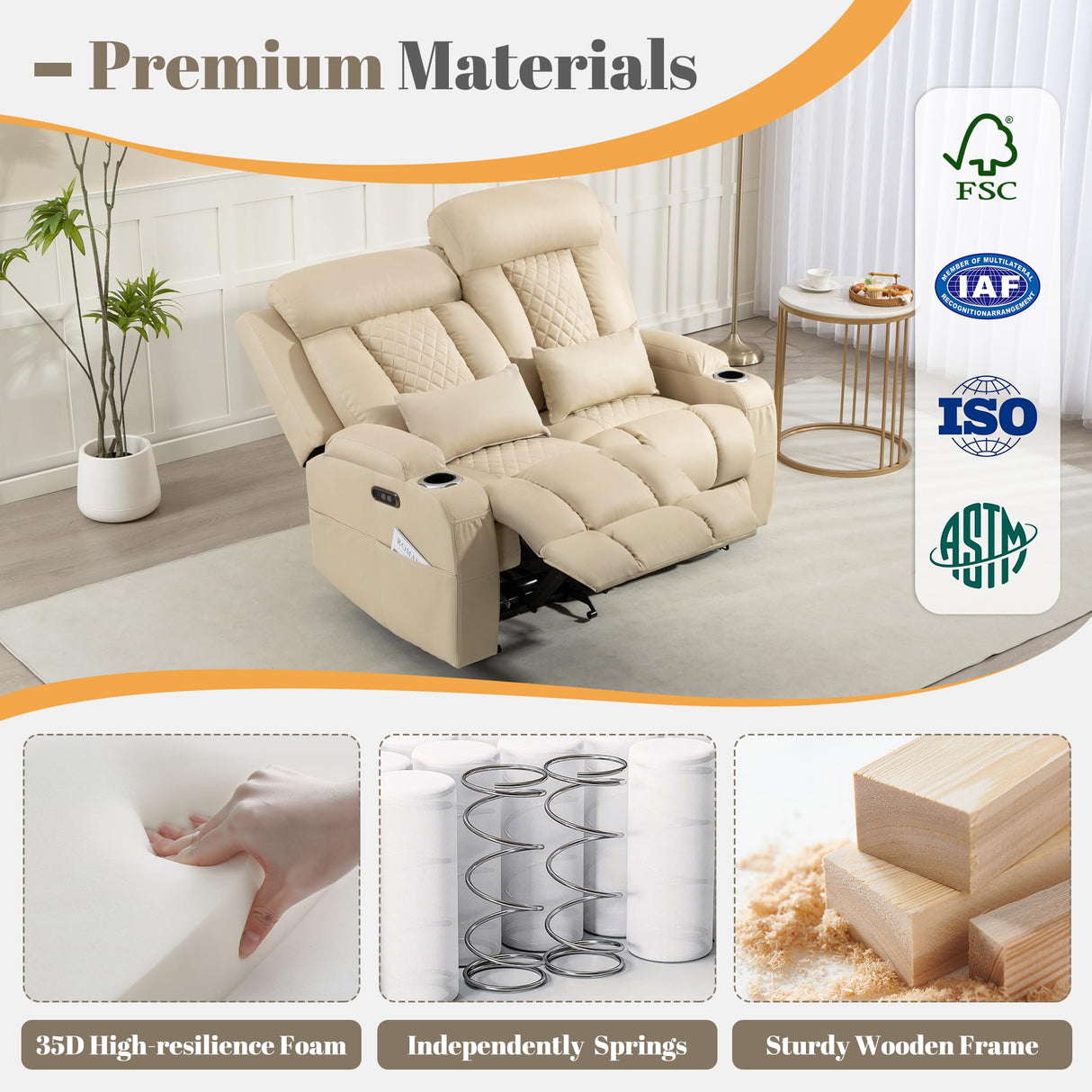 Neptane Zero Wall Hugger Power Reclining Loveseat with Adjustable Headrest, Power Loveseat Recliner Sofa with USB&Type-C Ports, Wall Hugger Loveseat Recliner for Living Room(Beige, 2 Seater) Neptane