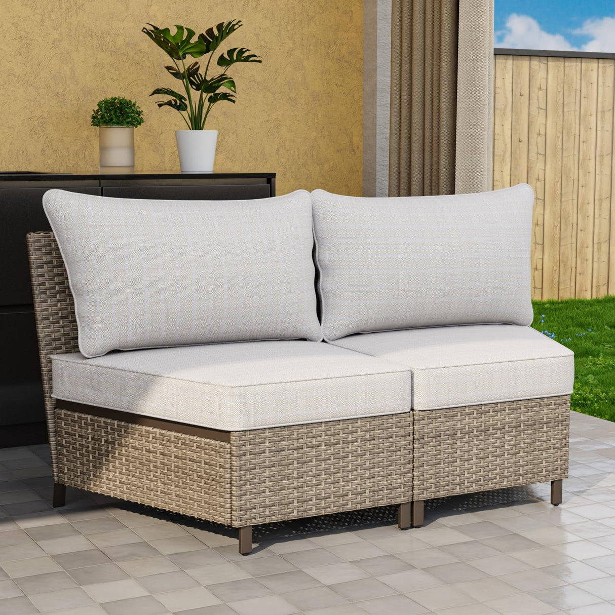 INTER HUT Vista Oasis Outdoor Sectional Sofa Set, 2 Seat Armless Sofa, Wicker Outdoor Furniture with Deep Seating Cushion, Beige/Beige INTER HUT