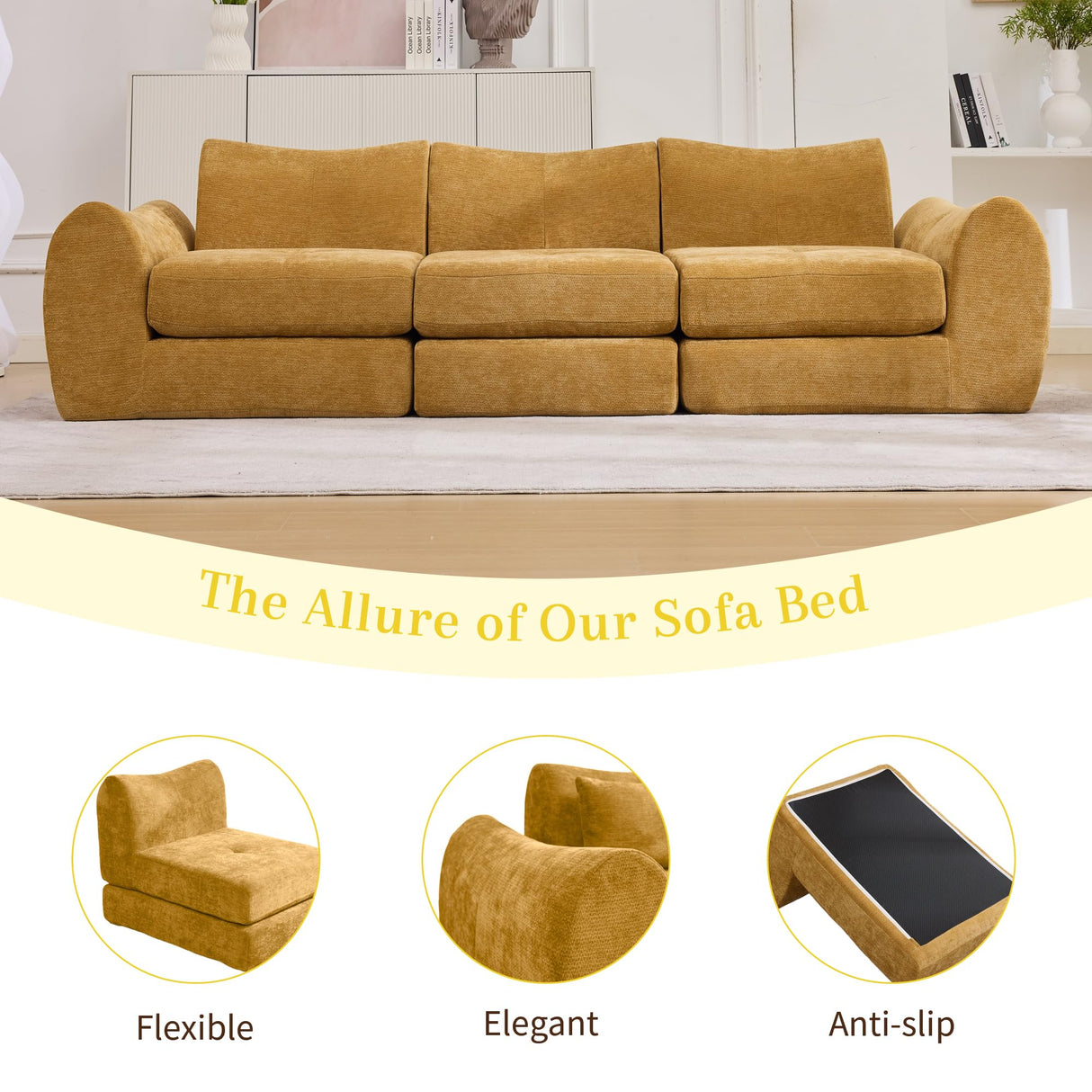 MAXMAXX 102" Cloud Sofa, 4-in-1 Folding Sofa Bed, Floor-Standing Boneless Couch, Futon Sofa Bed for Living Room, Bedroom and Entertainment Room(Yellow) MAXMXX