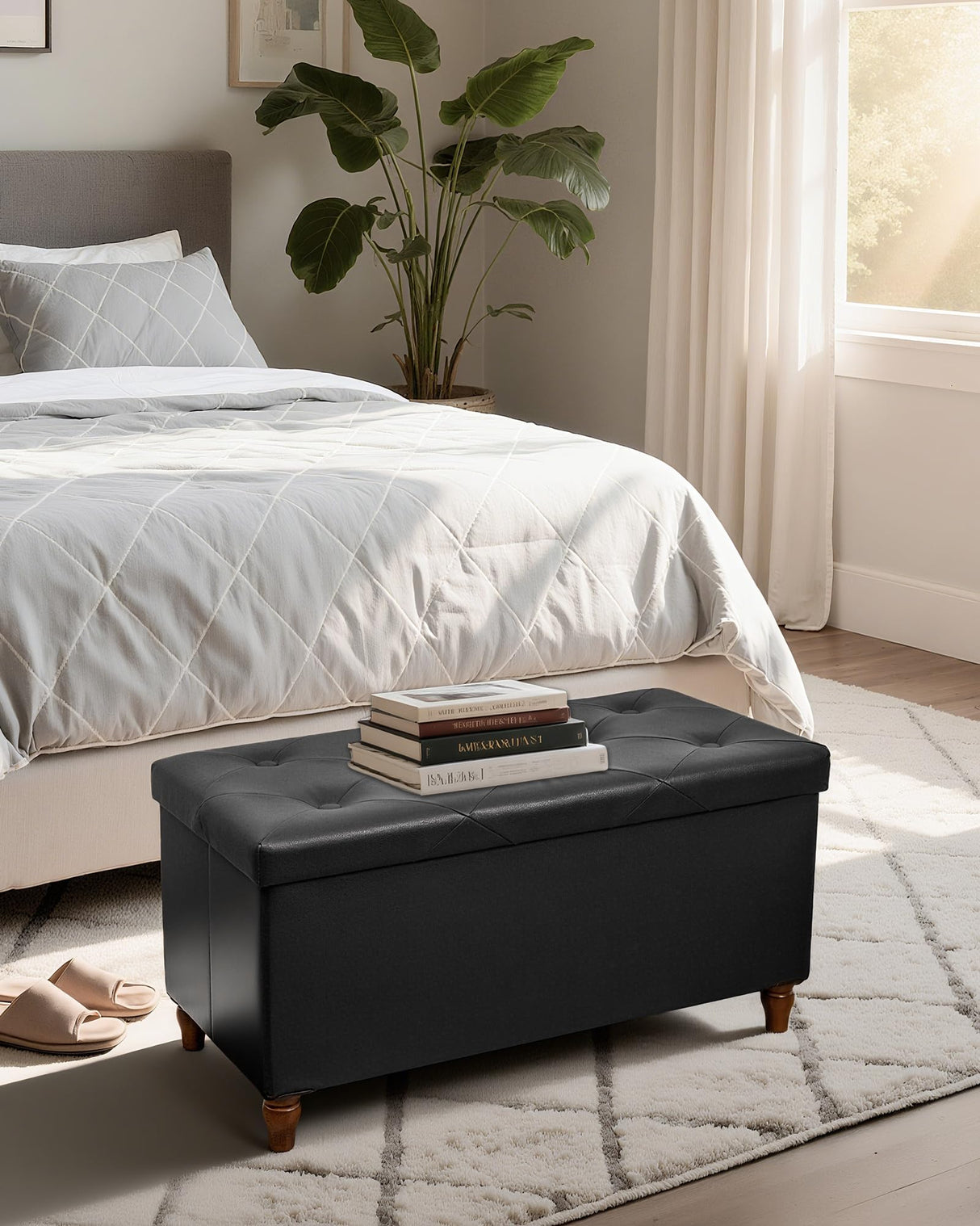 GLAXYFUR 30 Inches Storage Ottoman Bench with Wooden Legs, Faux Leather Folding Ottoman Foot Rest, Storage Bench for Living Room, Hallway & Bedroom, Upgrade Large Capacity (Engineered Wood, Black) GLAXYFUR