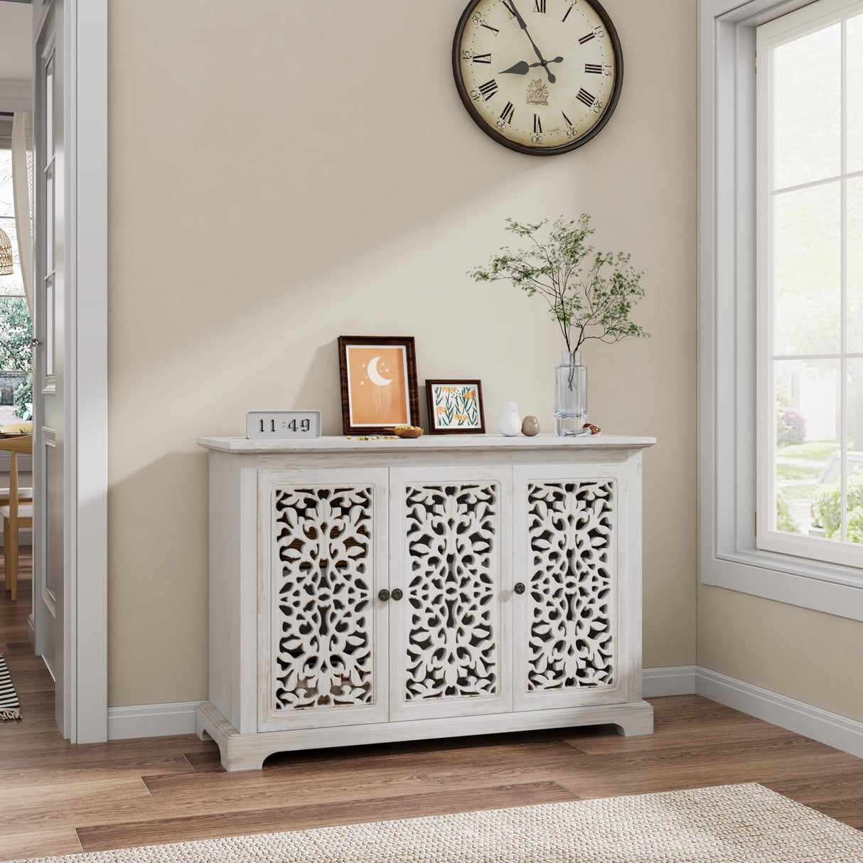 LKTART 44" Sideboard Buffet Cabinet, Farmhouse Accent Storage with 3 Hollow Carved Doors for Living/Dining Room,Kitchen Antique White LKTART