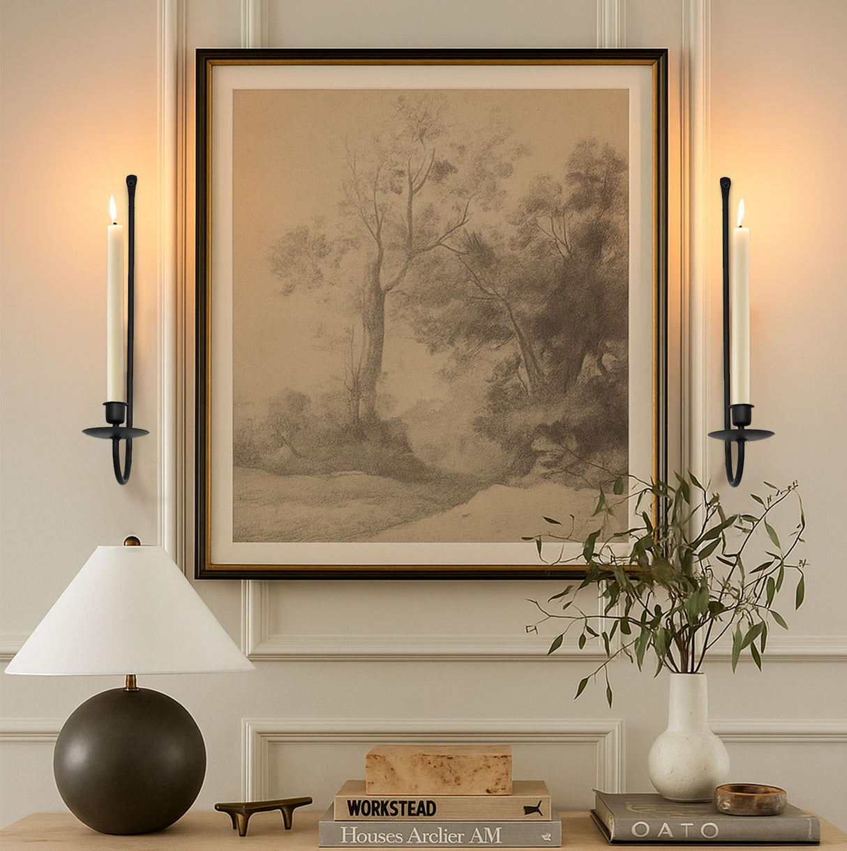 Remenna Metal Wall Candle Sconce Holder Set of 2 Wall Mount Candle Holders Modern Wall Candle Sconces Hanging for Living Room Farmhouse Fireplace Wedding 16.5"×5"×3" (Black) Remenna