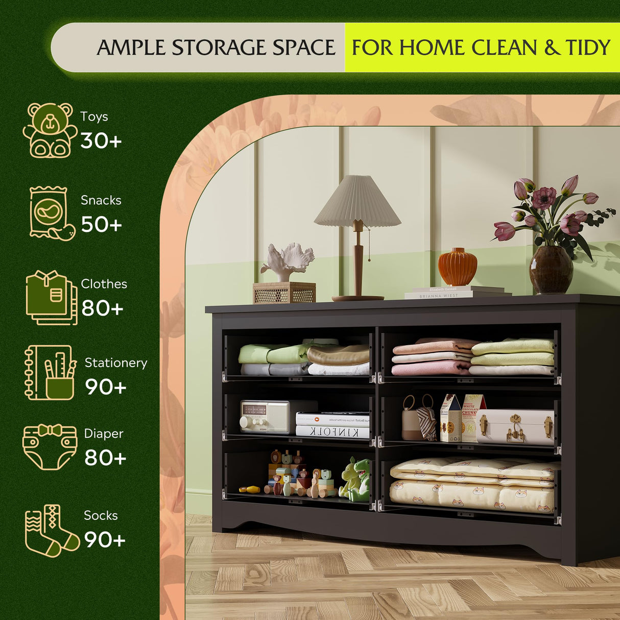 WLIVE Wood Black Dresser with 6 Drawer, Wide Chest of Drawers for Bedroom, Long Nightstand with Drawers, Modern Large Storage Tower Unit, Closet Store Organizer for Living Room WLIVE