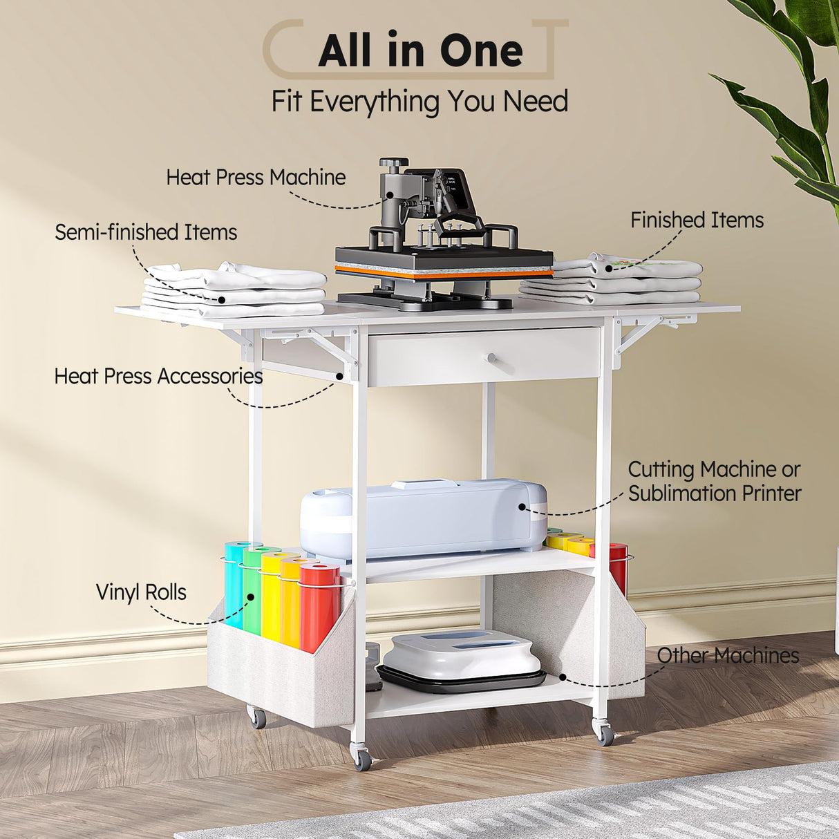𝐂𝐫𝐚𝐟𝐢𝐭 Foldable Heat Press Table—Hold 36 Vinyl Rolls, Movable Heat Press Stand Cart with Storage Bag, Collapsible Heavy Duty Workbench for Sublimation, T-Shirts and Caps Heat Transfer Project Crafit