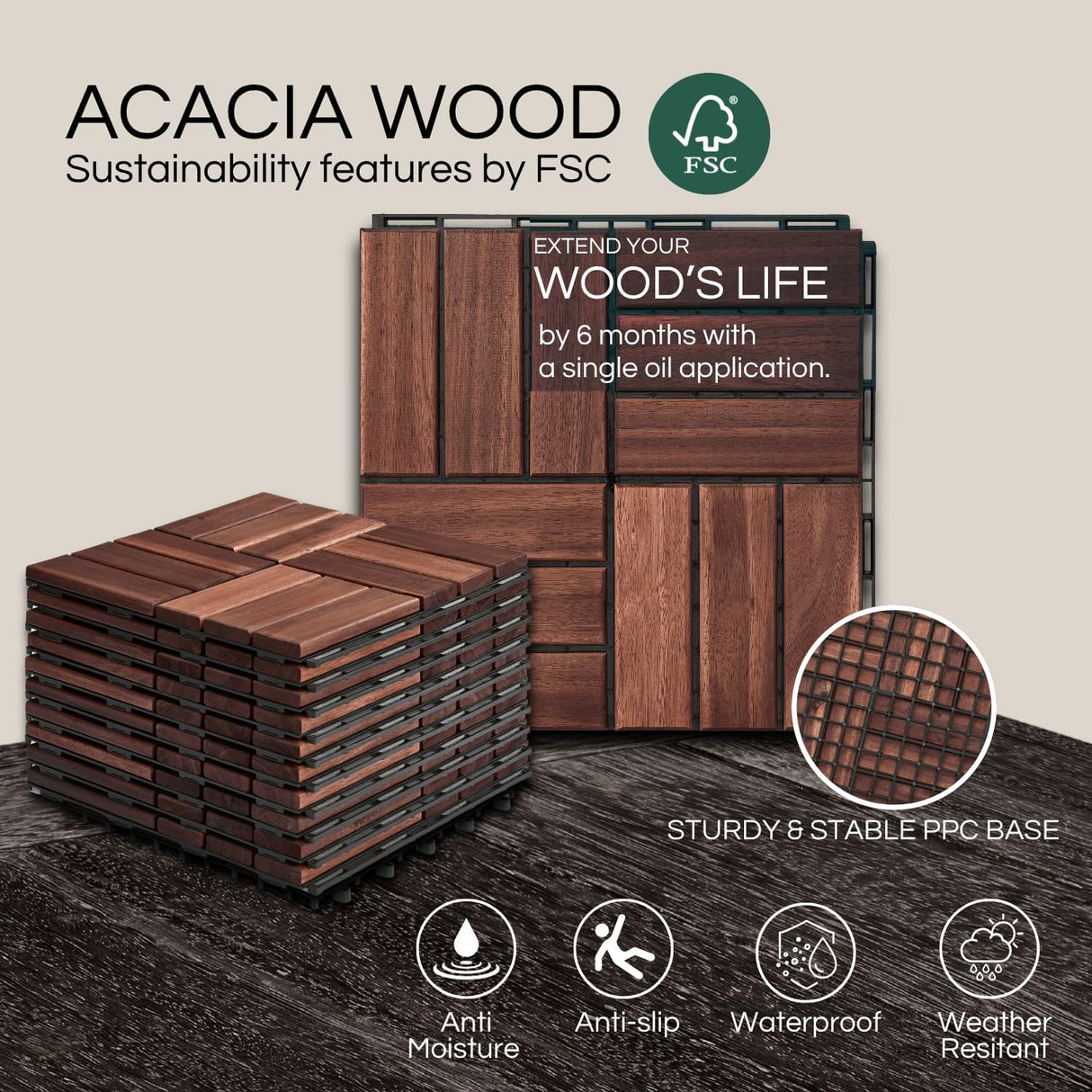 THYOI Deck Tiles, Patio Flooring - Outdoor Waterproof Acacia Wood Tiles for All Weather Use - Balcony, Backyard, Indoor & Outdoor (Dark Brown Crossed Pattern, 10 Pcs - 10 Square Ft) THYOI