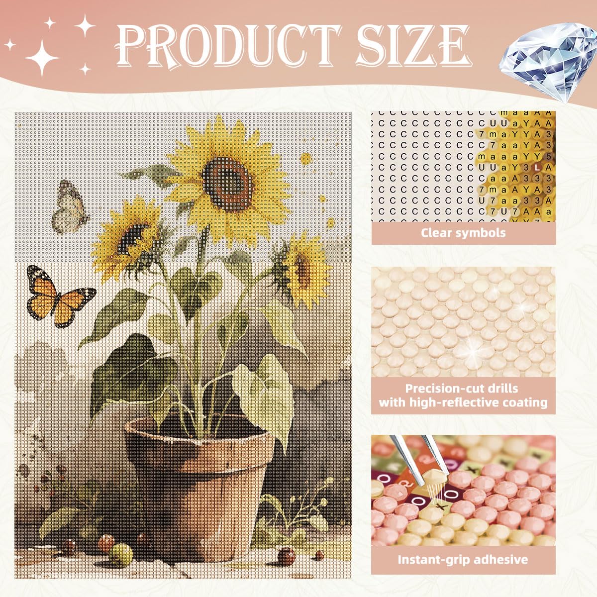 Rustic Style Diamond Art Painting Kits for Adults - Sunflowers Full RoundDrill Diamond Dots Paintings for Beginners, 5D Paint by Numbers Gem Art Painting Kits DIY Crafts Kits 12x16 Inch Asddage