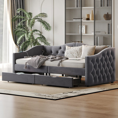 Daybed with Storage Drawers, Twin Size Velvet Upholstered Sofa Bedframe w/USB Port, Button Tufted Backrest and Nailhead Design Daybeds for Bedroom, No Box Spring Needed (Dark Grey, Twin w/Drawers)