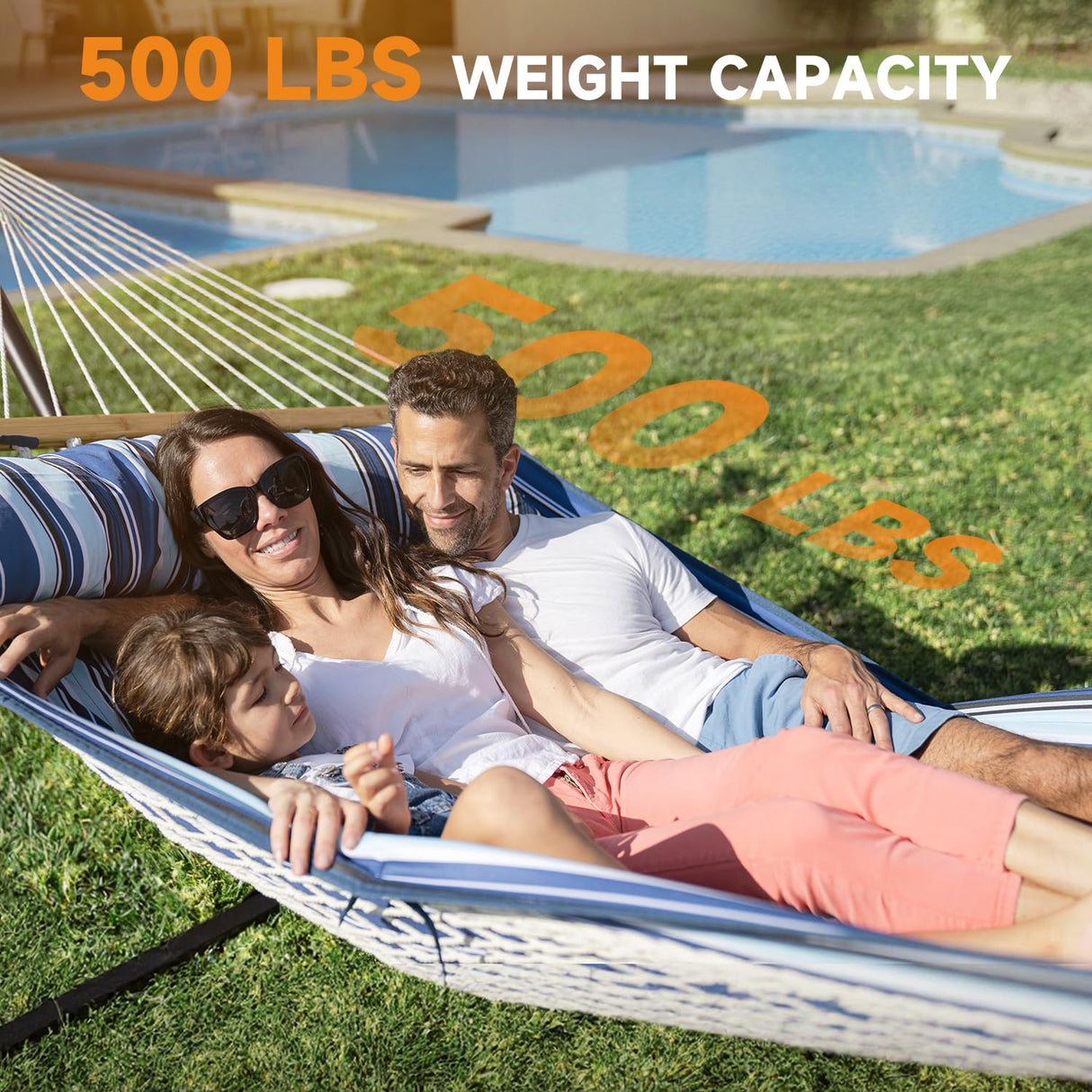 Everyfun Double Hammock with Stand, 2 Person Cotton Rope Hammock with Removable Polyester Pad, 500LBS Capacity, Portable & Adjustable Design, Includes Storage Bag, Indoor Outdoor Use,Blue Everyfun