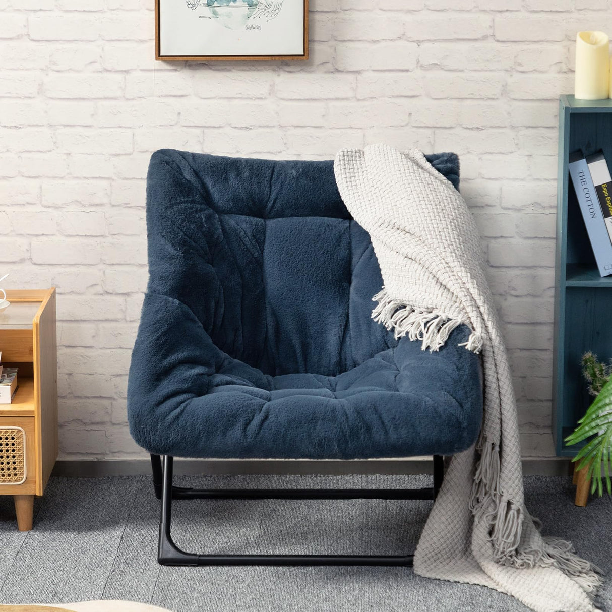 HollyHOME X-Large Saucer Chair, Comfy Oversized Folding Chair, Faux-Fur Reading Chair for Teens, Adults, Foldable Accent Lazy Chair, Metal Frame Lounge Chair for Living Room, Bedroom, Dorm, Navy Blue HollyHOME