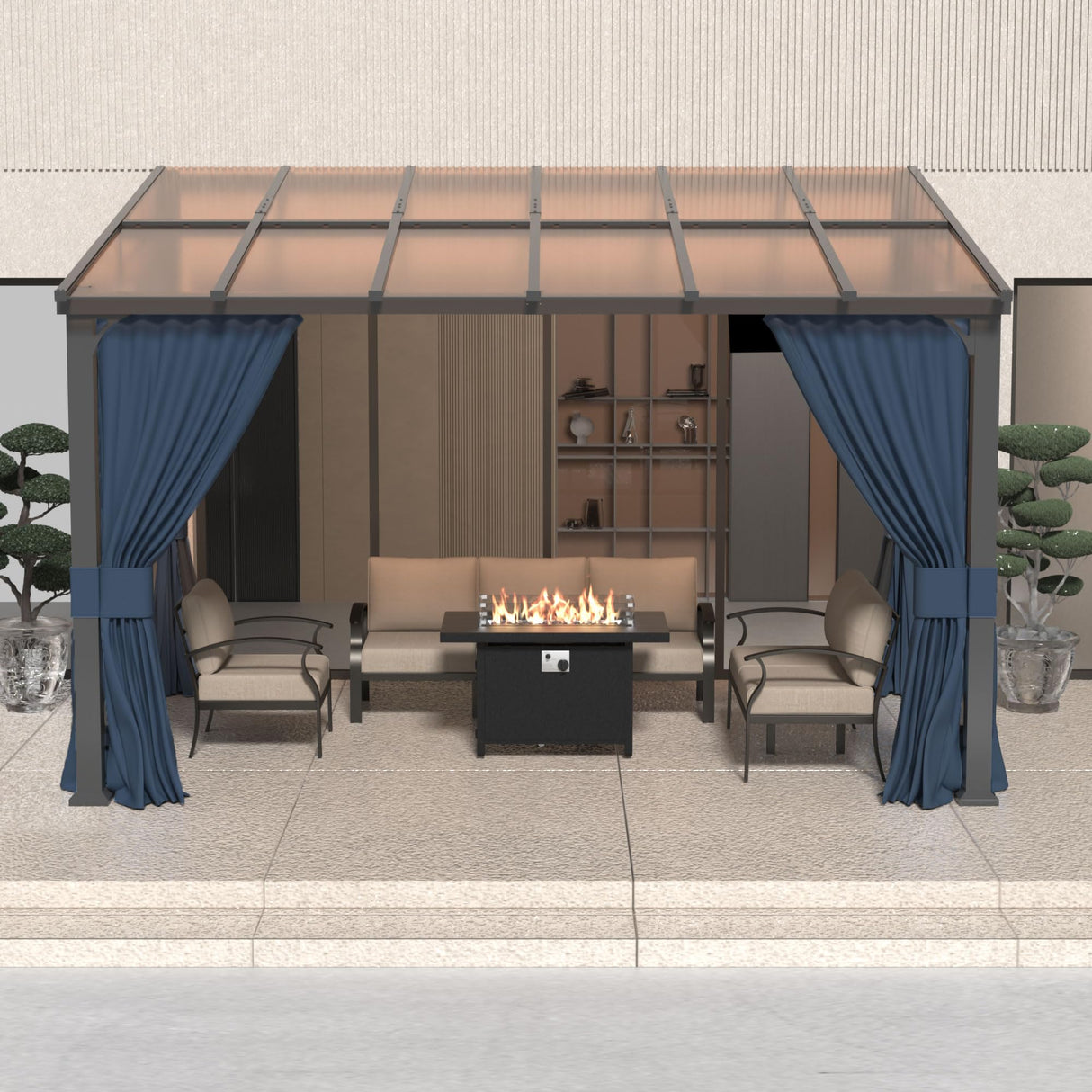 RTDTD 10' x 12' Gazebo,Hard Top Lean to Gazebo Wall Mount Heavy Hardtop Gazebo Outdoor Pergola with Curtains and Netting for Patio Garden Lawn Backyard Deck (Navy) RTDTD