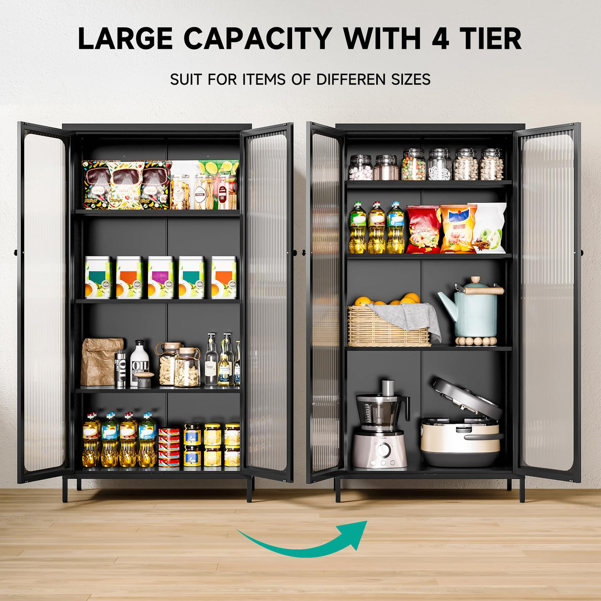 SISESOL Metal Storage Cabinet with Glass Doors and 4 Shelves,Black Glass Dispaly Cabinet,Metal Pantry Cabinets,Tall Large Cupboard for Home,Kitchen,Dining/Living/Laundry Room SISESOL