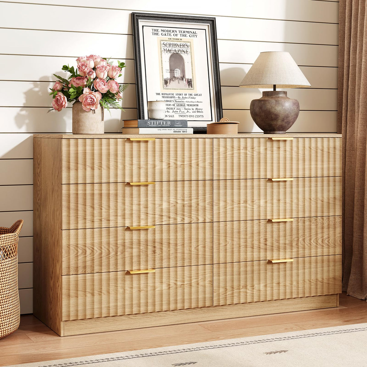 NDOHCUO Fluted 8 Drawer Dresser for Bedroom,47.2''W Modern Dresser for Closet with Metal Handle, Wooden Chest of Drawers for Bedroom, Living Room, Hallway, Natural NDOHCUO
