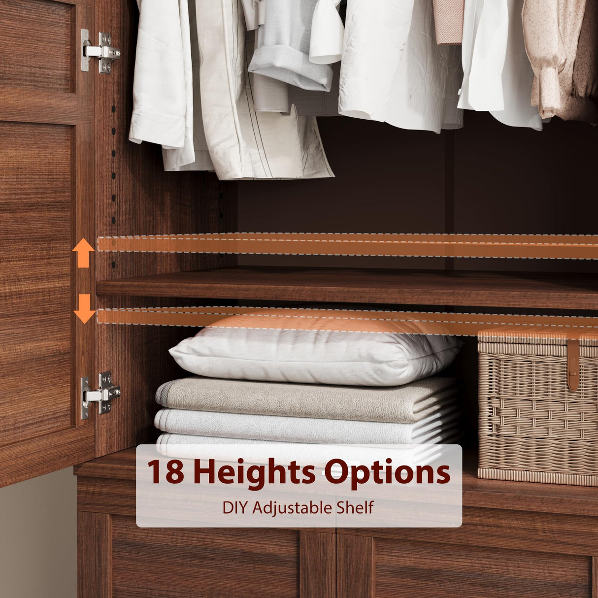 GarveeHome Armoire Wardrobe Closet with 4 Doors,72 in Wooden Wardrobe Cabinet with Hanging Rod, Freestanding Tall Clothing Armoire Cabinet with 18 Adjustable Shelves for Bedroom, Clothes, Walunt Brown GarveeHome