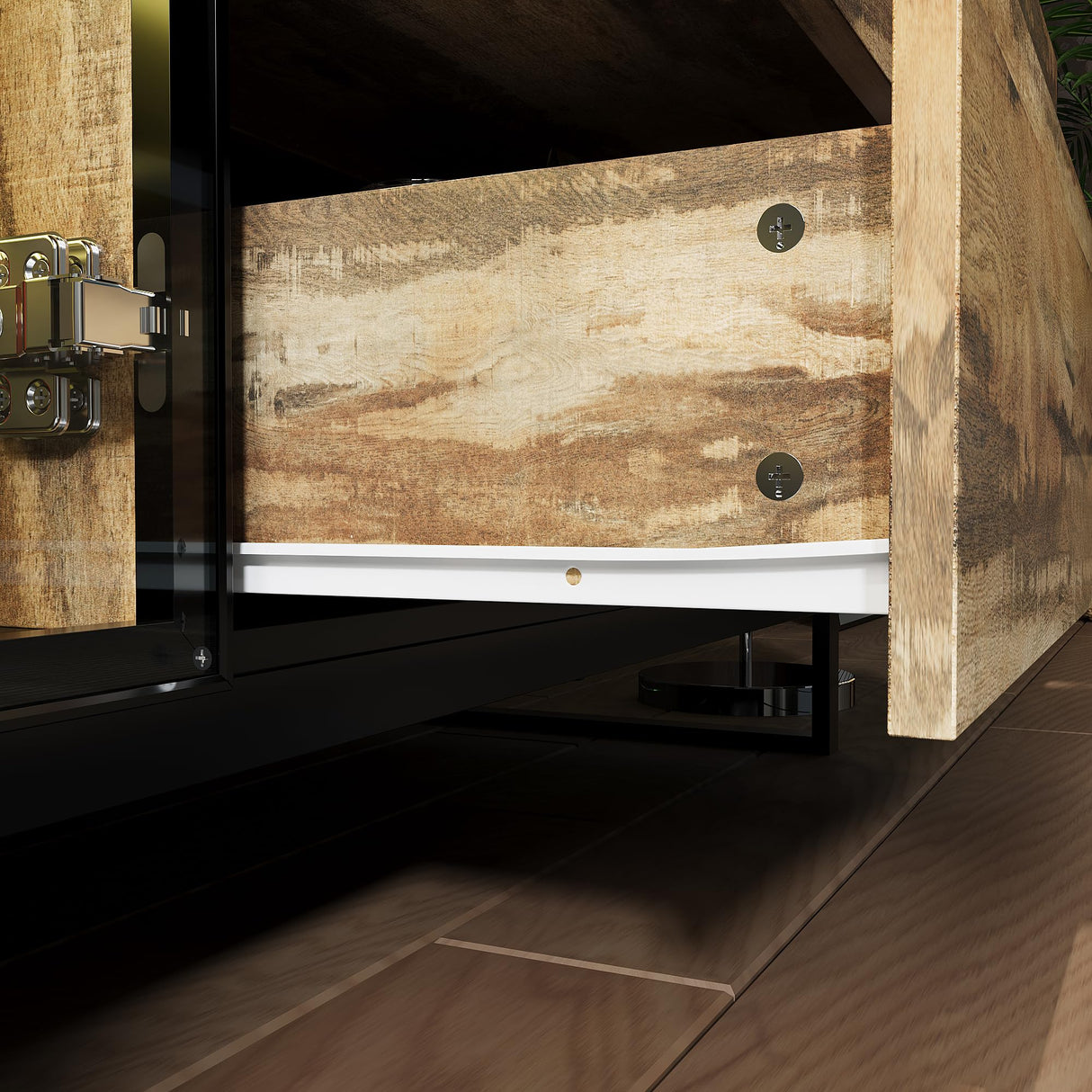 Hitow High Gloss Curio Display Cabinet for Collectibles, 63" W Lighted Bookshelf, Metal and Wood Bookshelf with Glass Doors & Drawers, Rustic Glass Display Case for Living Room, Black & Wood Grain Hitow