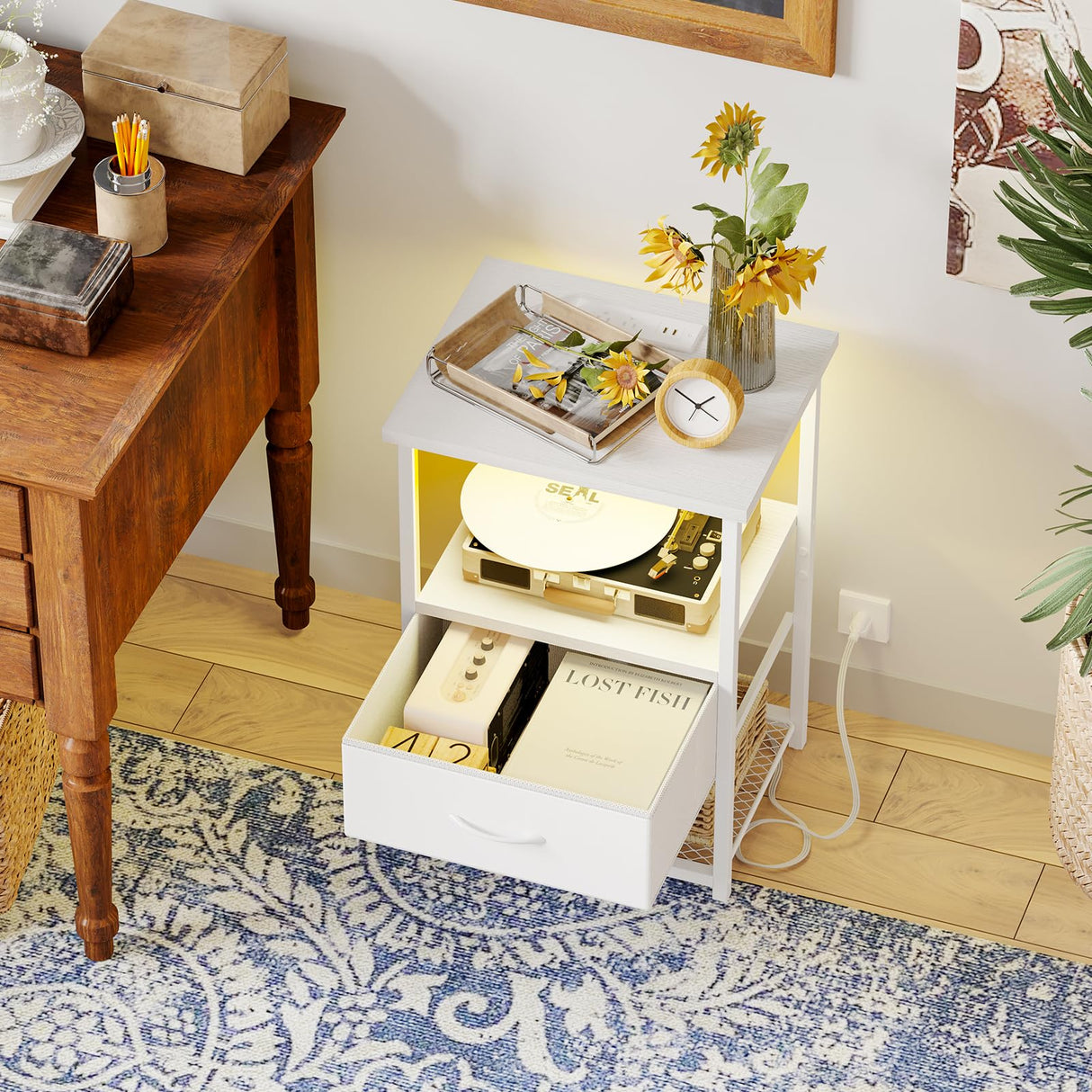 Fixwal Night Stand Set of 2 with Charging Station, LED Nightstand with Fabric Drawers, End Table with PU Finish, Bed Side Table, White Fixwal