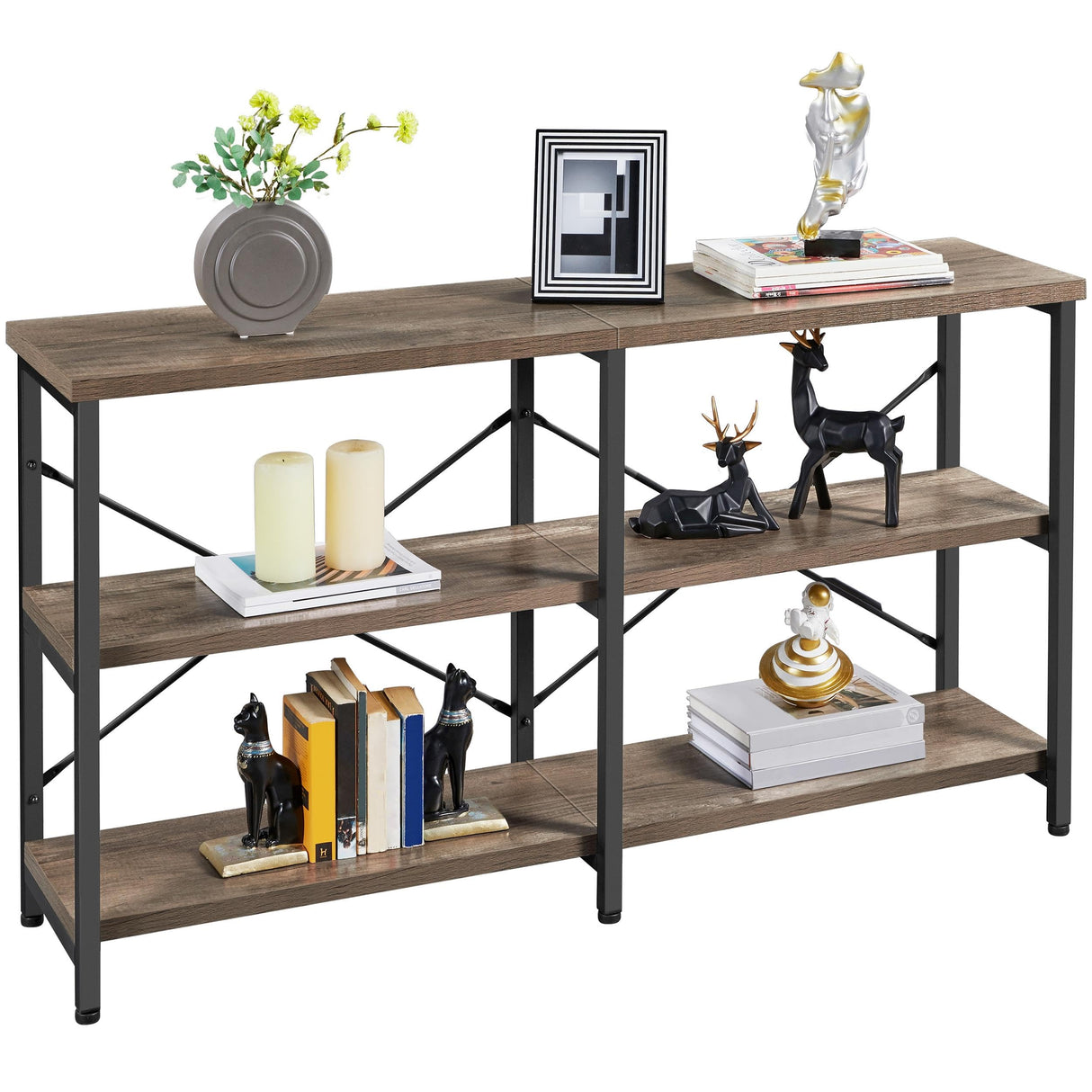 Yaheetech TV Stand for TV up to 65 Inch, 55 Inch Media Console Table with 3-Tier Storage Shelves for Living Room, Entertainment Center with Metal Frame, Taupe Wood Yaheetech