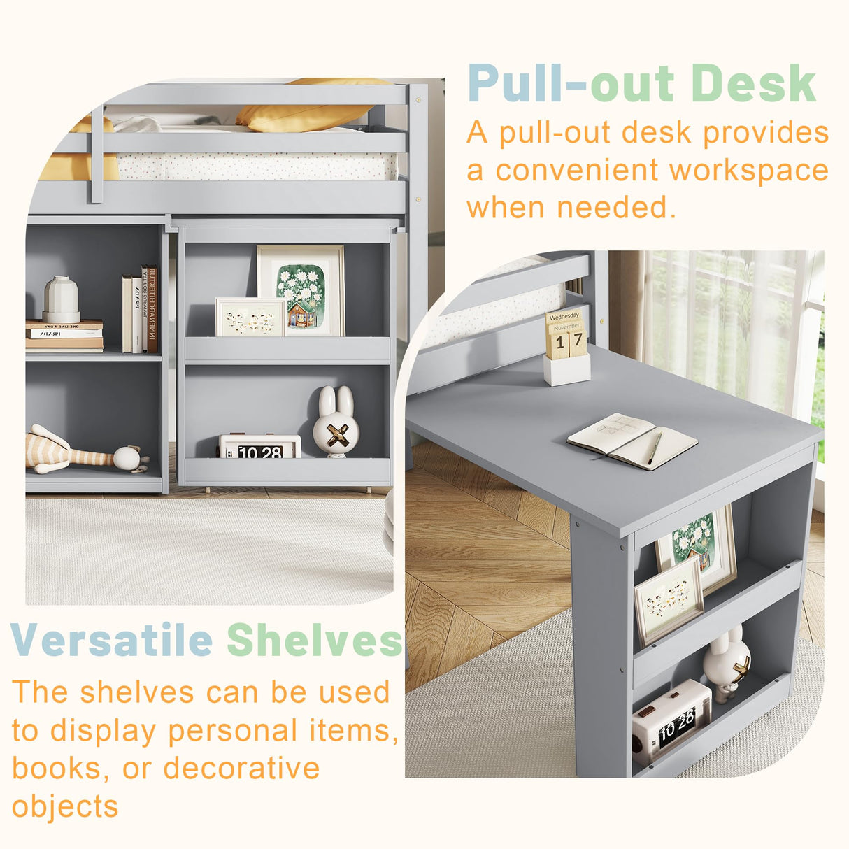 Low Loft Bed with Storage & Rolling Out Desk, Kids Twin Size Loft Beds with Bookcase & Drawers, Rubber Wood Junior Lofts Bed with Dresser/Shelves/Ladder/Guardrails for Boys Girls Teens, Gray Duxelifin