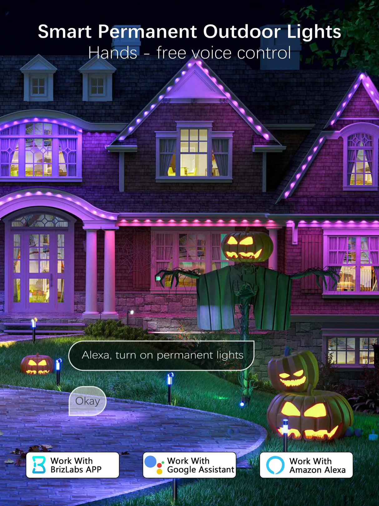 BrizLabs Permanent Outdoor Lights, 100ft 60 LED RGBCW Smart Christmas House Lights with 200+ Custom Scene-Color Effects, Waterproof Eave Light for Christmas, Halloween, Alexa, Google Assistant Enabled BrizLabs