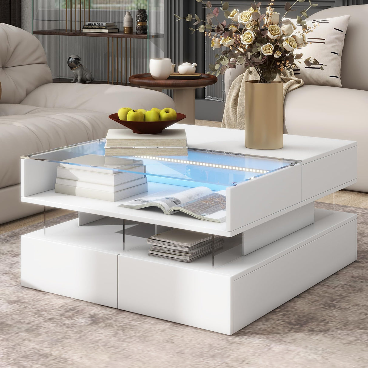 Modern Lift Top Coffee Table with with Storage Drawers, Square Center Table with Glass Tabletop & LED Lights for Living Room, White SOFTSEA