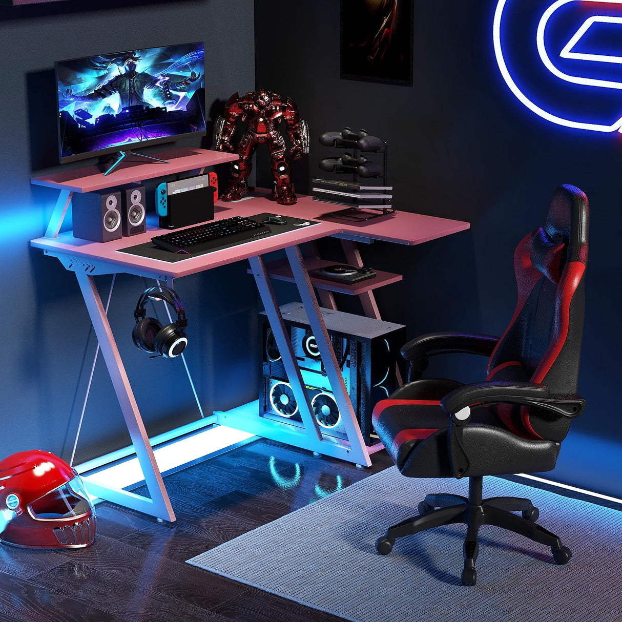 Tangkula L Shaped Gaming Desk with Power Outlets, Small Gaming Computer Desk 39inch with Storage Shelf, Corner Desk with Carbon Fiber Texture, Gamer Desk Gaming Table (Pink) Tangkula